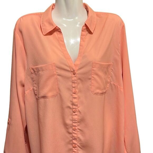 Talbots womens shirt XL peach button front chest pockets roll tab long sleeves - Picture 8 of 10